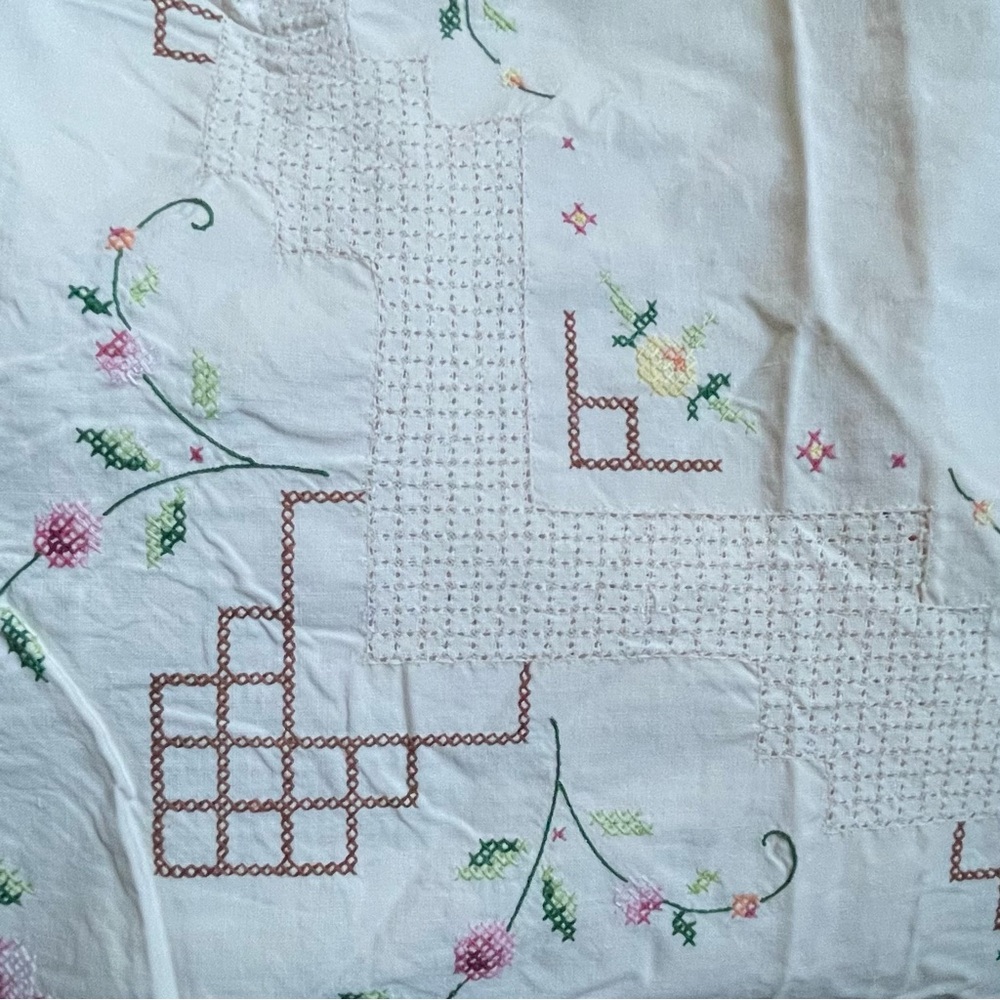 Vintage Tablecloth Hand Embroidered Floral CrossStitch  50” Sewing Upcycle craft - Picture 8 of 14